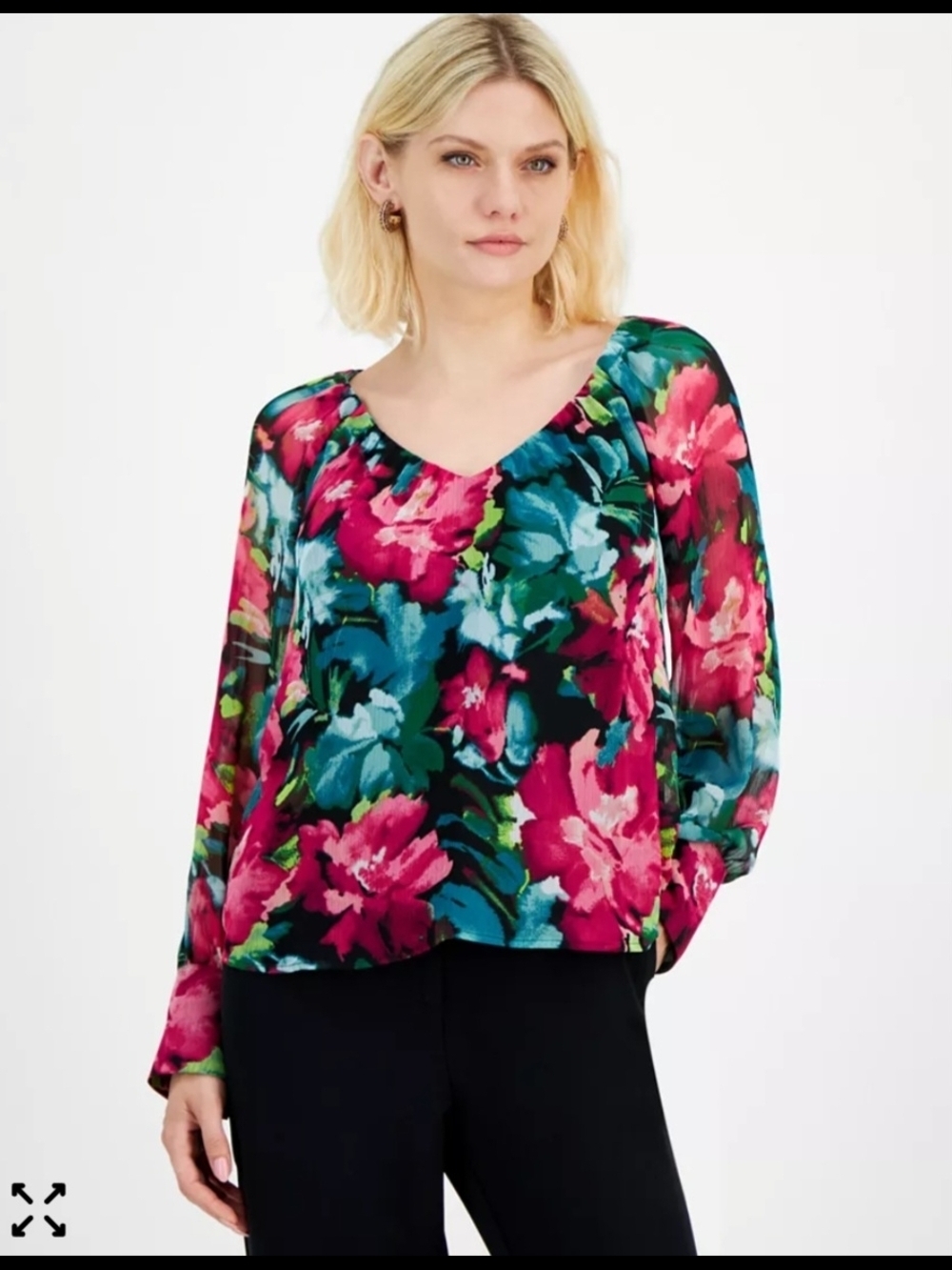 INC International Concepts Floral V-Neck Blouse in Fuchsia & Teal